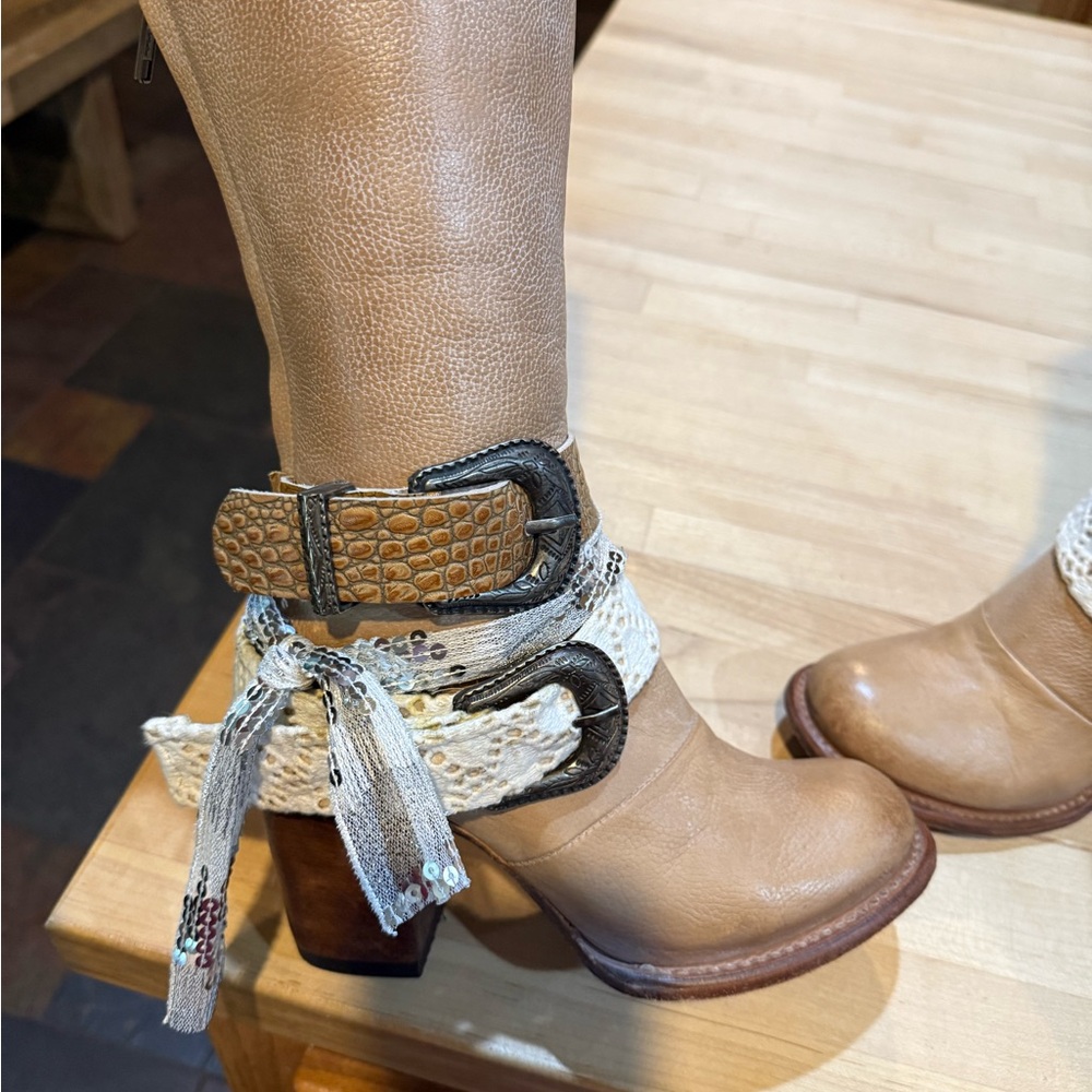 Freebird by Steven Lace and Leather Buckles Heeled Boots
